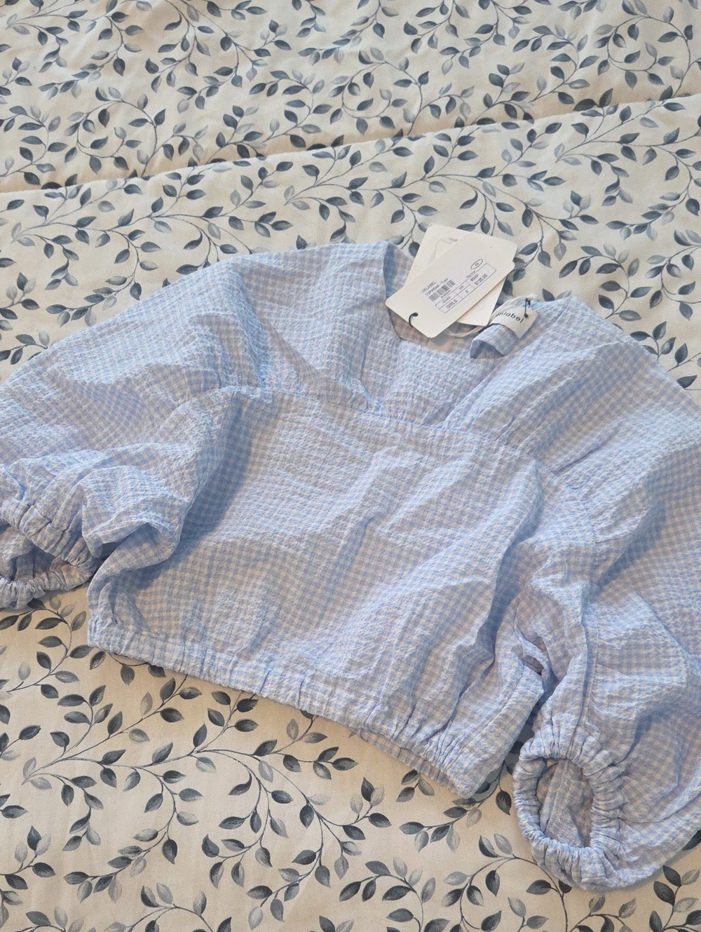 NWT Light Blue Gingham Puff Sleeve Crop Top